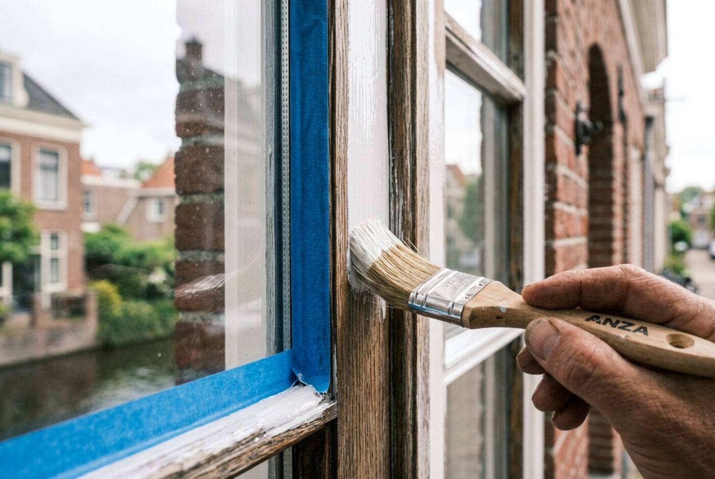 Netjes afgeplakt en met de kwast afgewerkt langs het glas.