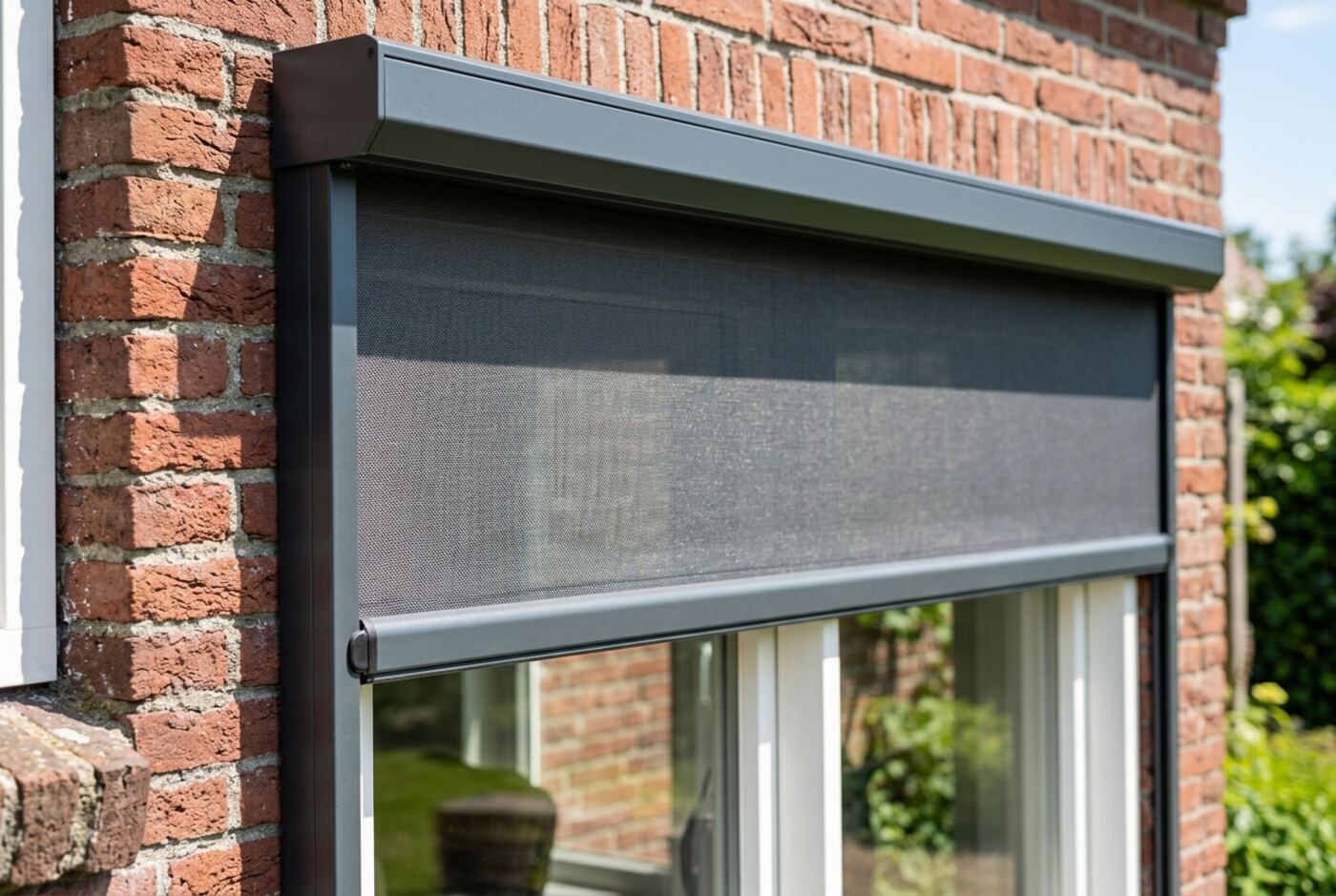 Antraciet screen, strak in de dagkant gemonteerd.
